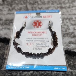 FASHION ALERT INTERCHANGEABLE BLACK BEADED STRETCH MEDICAL BRACELET 7.5"